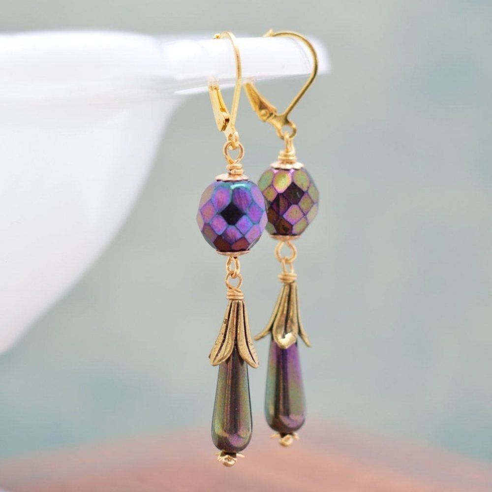 Antiques Gold & Iris Glass Art Nouveau Earrings